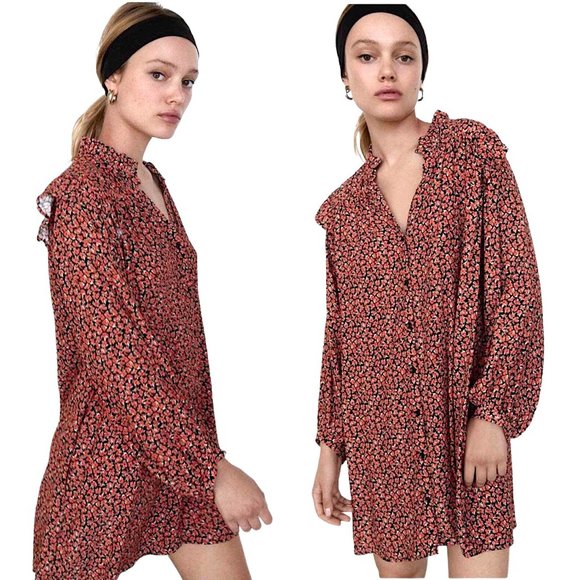 Zara Dresses & Skirts - NWT ZARA Red Pink Black Floral Ruffled Cottagecore Tunic Mini Dress - Size L